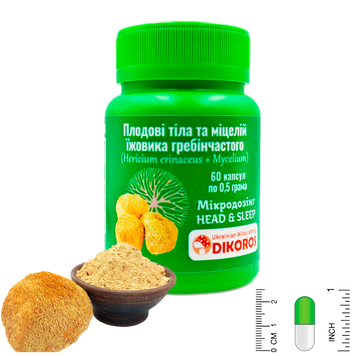 Мікродозінг Head&Sleep Плодові тіла та міцелій їжовика гребінчастого (Hericium erinaceus) 60 капсул по 0,5 грама ЕГМ-6005 &mdash; Dikoros